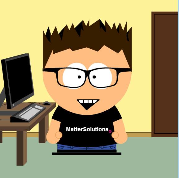 South Park-style cartoon avatar of Ben from Matter Solutions wearing a MatterSolutions branded t-shirt