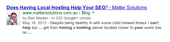 Google search result for a Matter Solutions blog post showing Google Authorship with author photo and byline