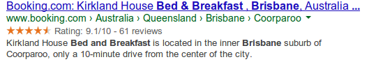Google search result showing Kirkland House Bed and Breakfast Brisbane with 4-star aggregate rating