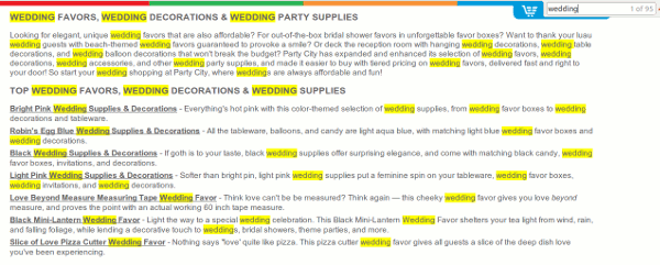 Saying "wedding" 35 times within a few paragraphs? Come on, it's not 1999. Screenshot of a webpage with the word 'wedding' highlighted repeatedly, illustrating keyword over-usage in SEO