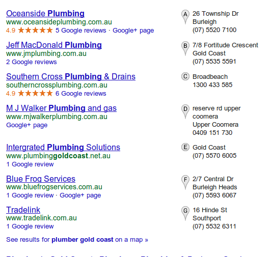 plumber-reviews-gold-coast Google local search results showing plumber listings on the Gold Coast with star ratings and map markers