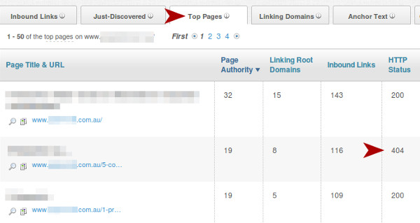 Open Site Explorer has a neat Top Pages section. Have fun with it. Moz Open Site Explorer Top Pages report showing page authority, linking root domains, and HTTP status