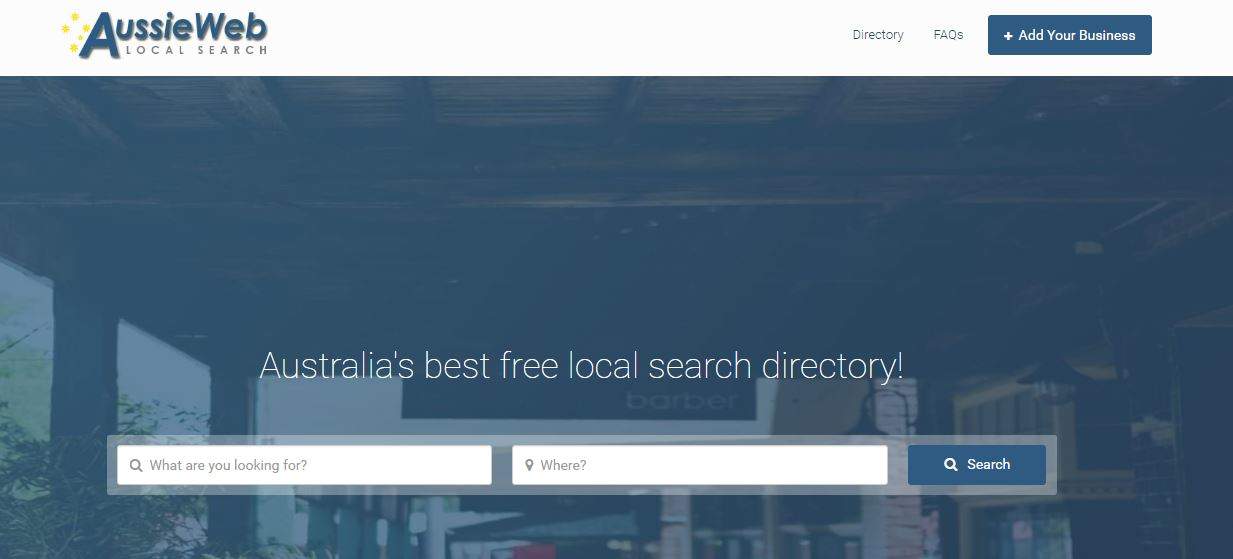 AussieWeb Local Search homepage with search fields for finding local businesses across Australia