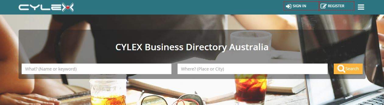 Cylex Business Directory Australia homepage with keyword and location search fields