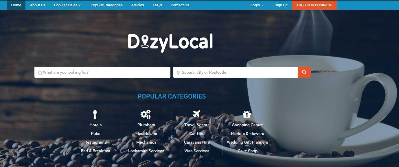 DizyLocal business directory homepage showing category icons and search bar for suburb, city or postcode