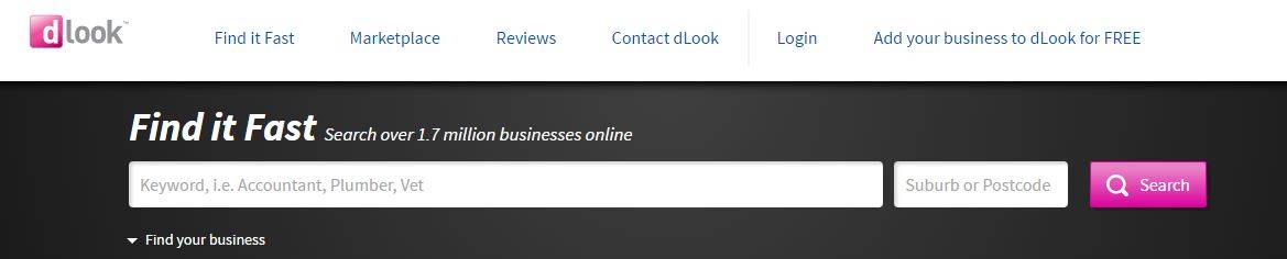 dLook business directory homepage with keyword search and suburb or postcode field, tagline Find it Fast