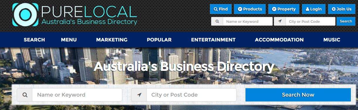 PureLocal Australia's Business Directory homepage with aerial city skyline and keyword plus postcode search