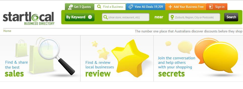 Startlocal Business Directory homepage with icons for finding sales, reviewing local businesses, and sharing shopping tips