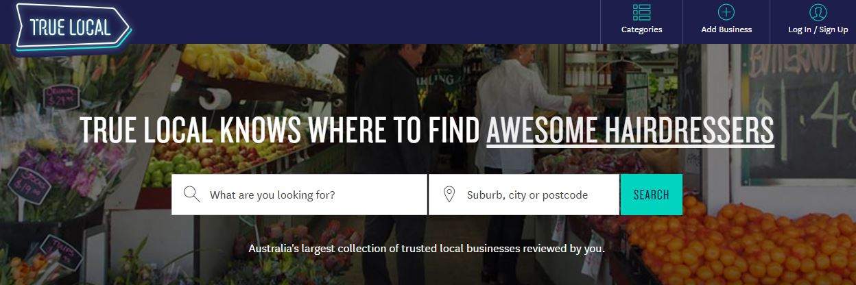 True Local business directory homepage with market stall hero image and suburb or city search bar