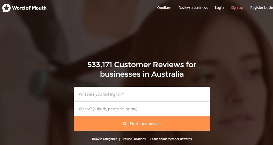 Word of Mouth business review directory homepage showing 533,171 customer reviews for Australian businesses