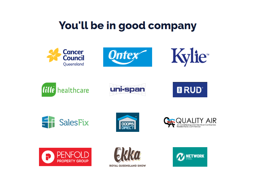 Grid of client logos including Cancer Council Queensland, Ontex, Kylie, Lille Healthcare and Network Steel